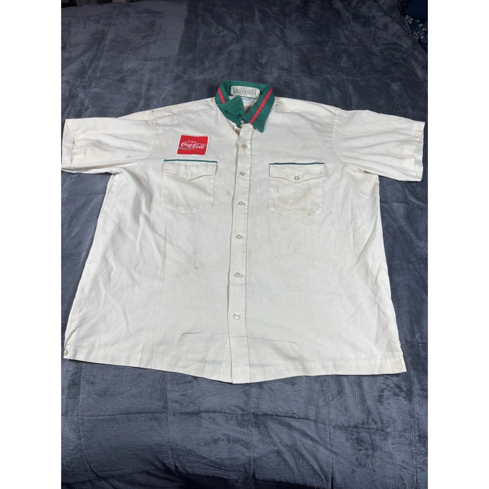 Vintage Coca-Cola Riverside Work Shirt Mens XL Tan Green Stripe Uniform 80s USA